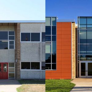 Westwood HS facade replacement before and after